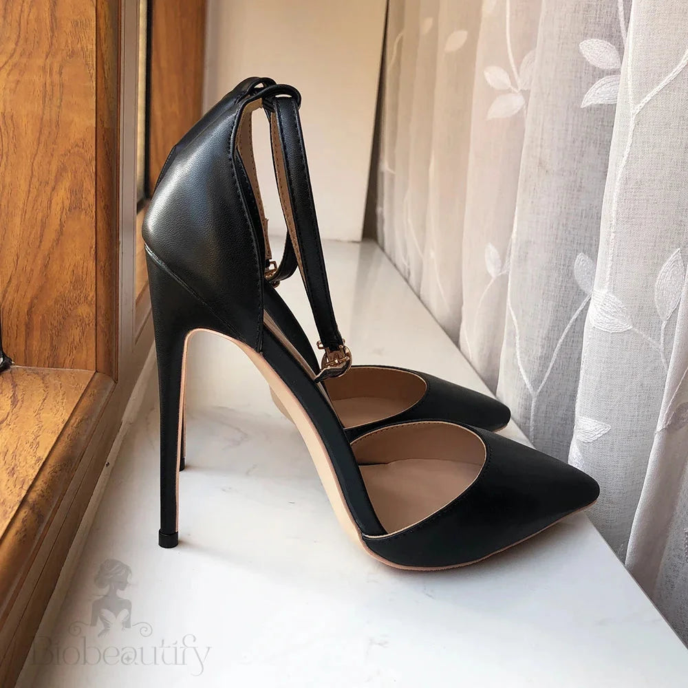 Black Matte Ankle Strap Pointy Toe High Heel Shoes For Women