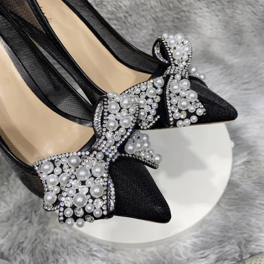 Black Matte Gauze Mesh Pointy Toe High Heel Shoes With Pearls Bow For Women