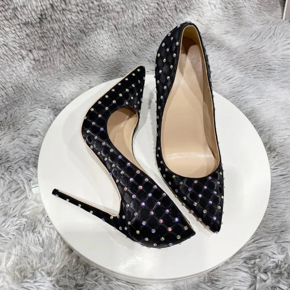 Black Plaid Fabric Pointy Toe High Heel Shoes With Rhinestones For Women