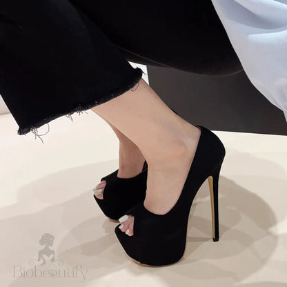 Black Platform Pumps Women Ultra High Stiletto Heels Peep Toe Party Stripper Shoes