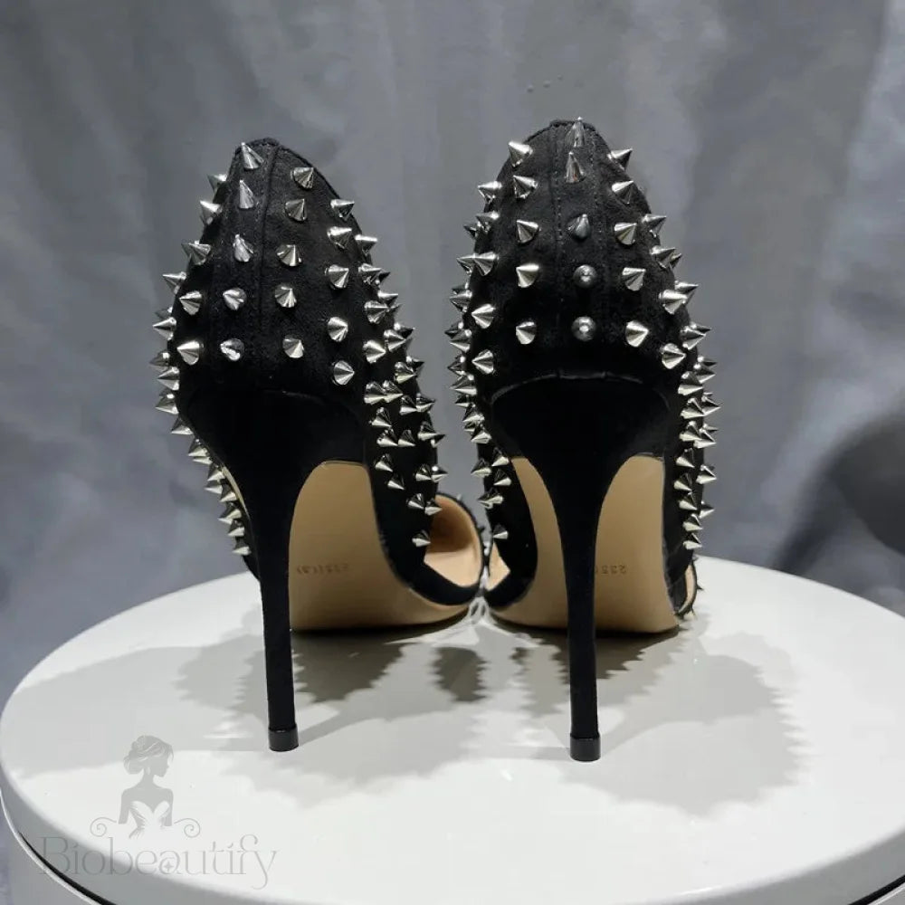 Black Pointy Toe High Heel Shoes With Spikes