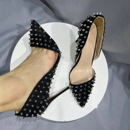 Black Pointy Toe High Heel Shoes With Spikes