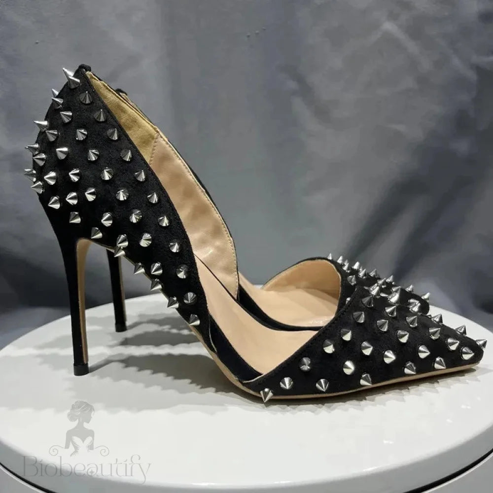 Black Pointy Toe High Heel Shoes With Spikes