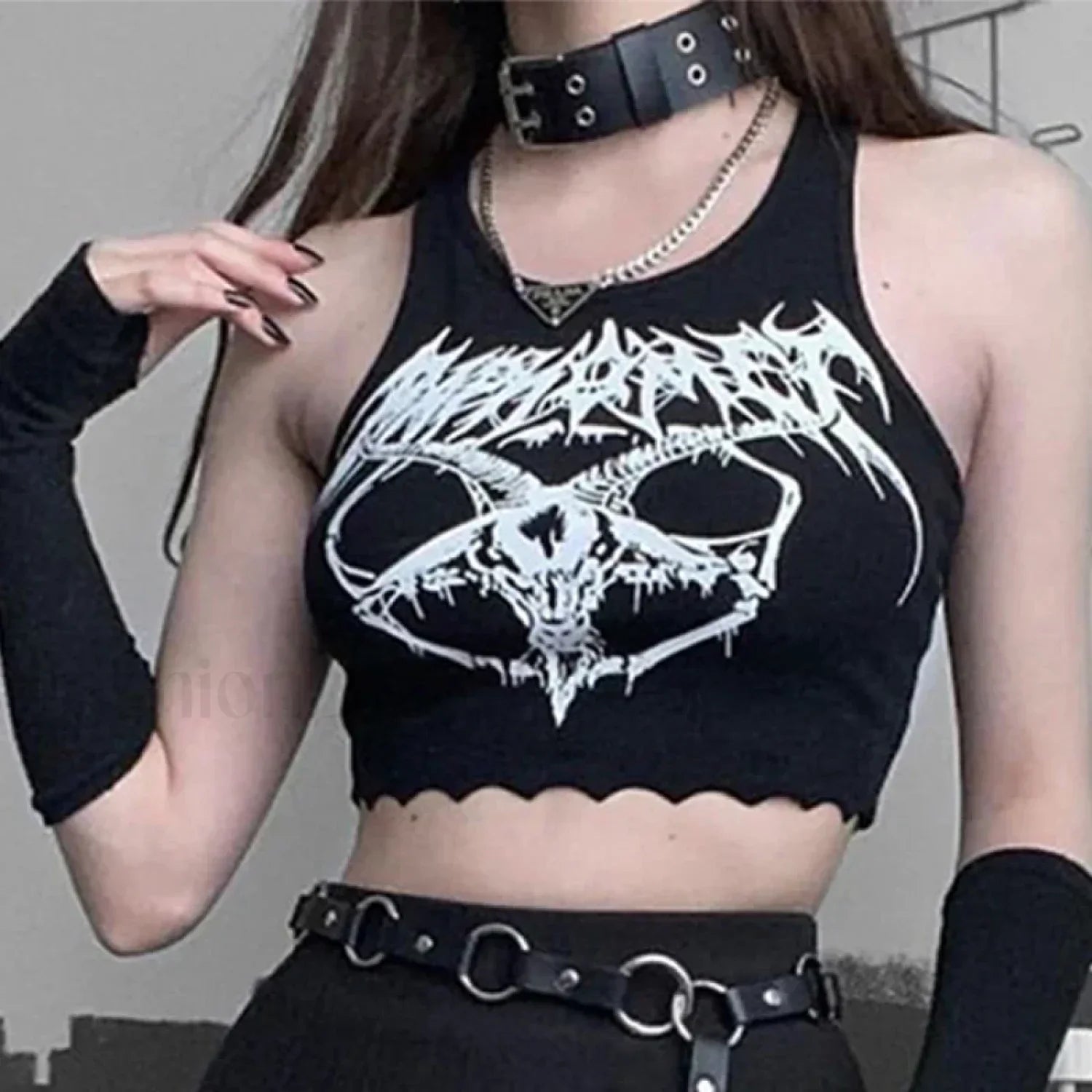 Black Print Grunge Summer Punk Head Goat Goth Knitted Sexy Sleeveless Crop O neck Top Black / S