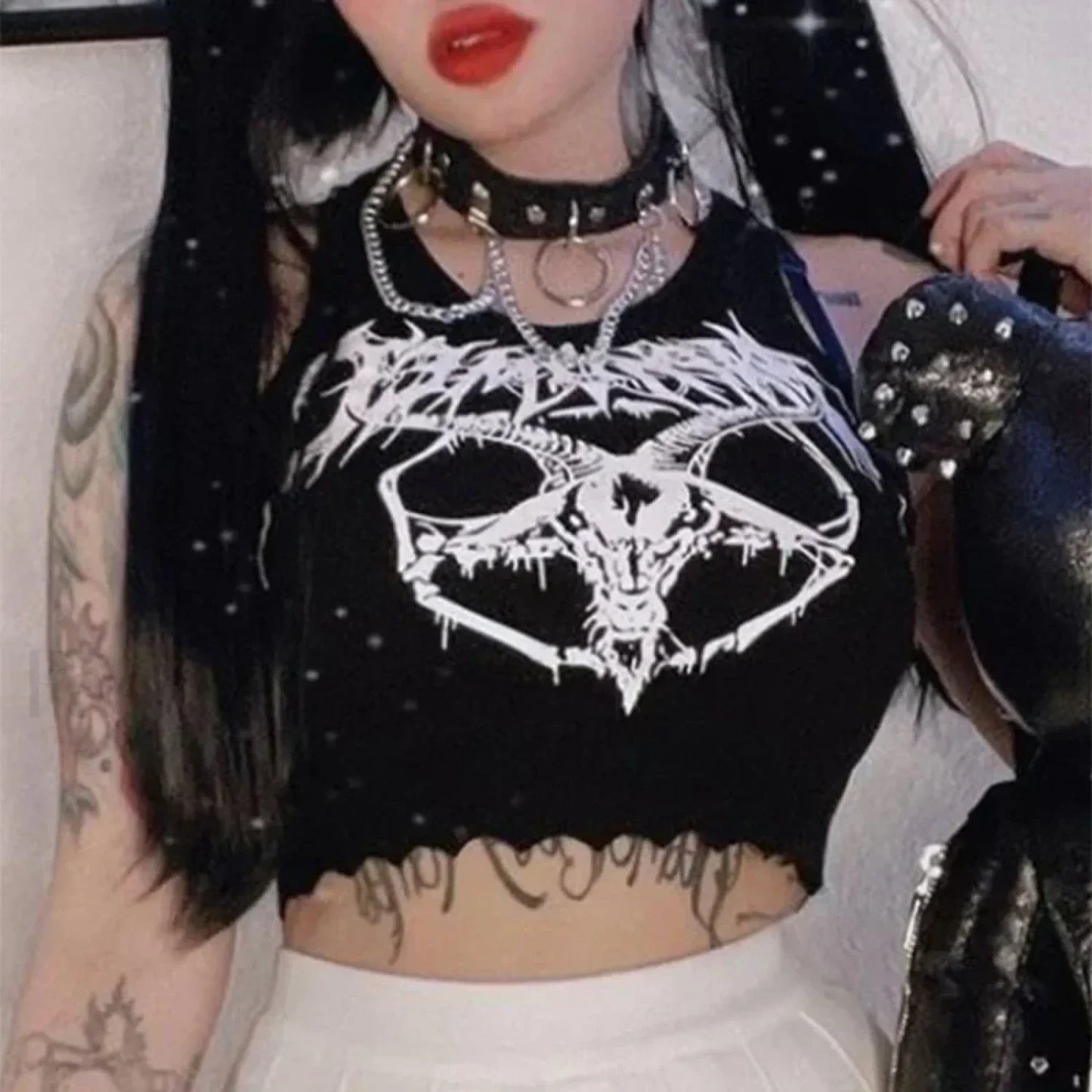 Black Print Grunge Summer Punk Head Goat Goth Knitted Sexy Sleeveless Crop O neck Top