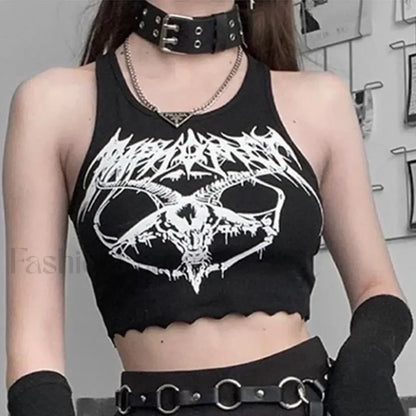 Black Print Grunge Summer Punk Head Goat Goth Knitted Sexy Sleeveless Crop O neck Top
