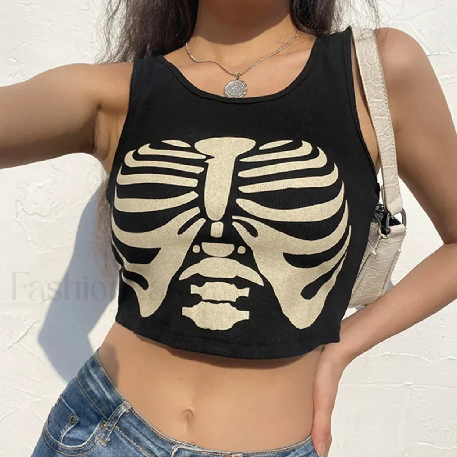 Black Print Grunge Summer Punk Head Goat Goth Knitted Sexy Sleeveless Crop O neck Top Black1 / S