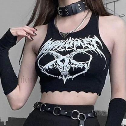 Black Print Grunge Summer Punk Head Goat Goth Knitted Sexy Sleeveless Crop O neck Top Black / S