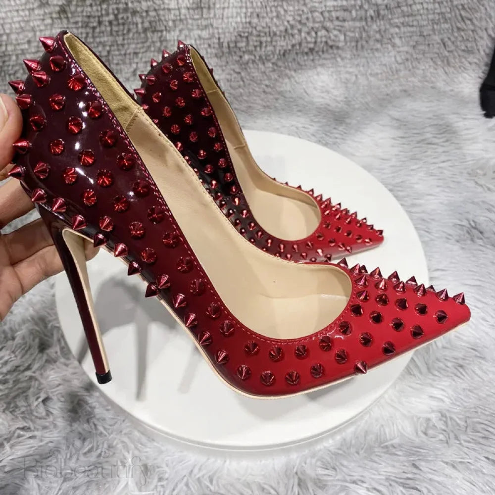 Black Red Women Sexy Spikes Pointy Toe High Heel Party Shoes