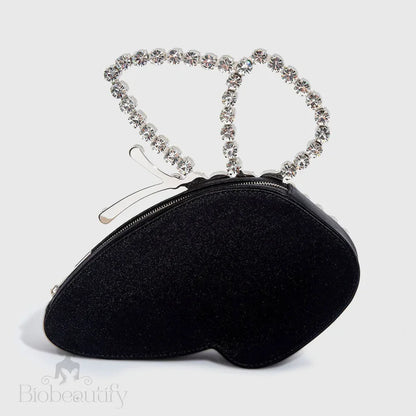 Black Satin Clutch Bag With Asymmetric Butterfly Rhinestone Design