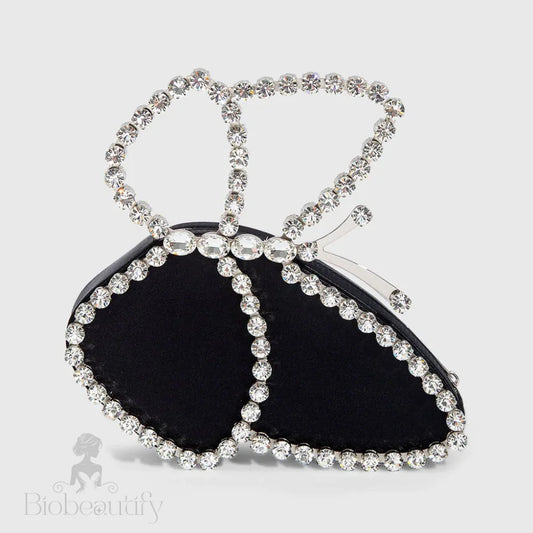 Black Satin Clutch Bag With Asymmetric Butterfly Rhinestone Design One Size /