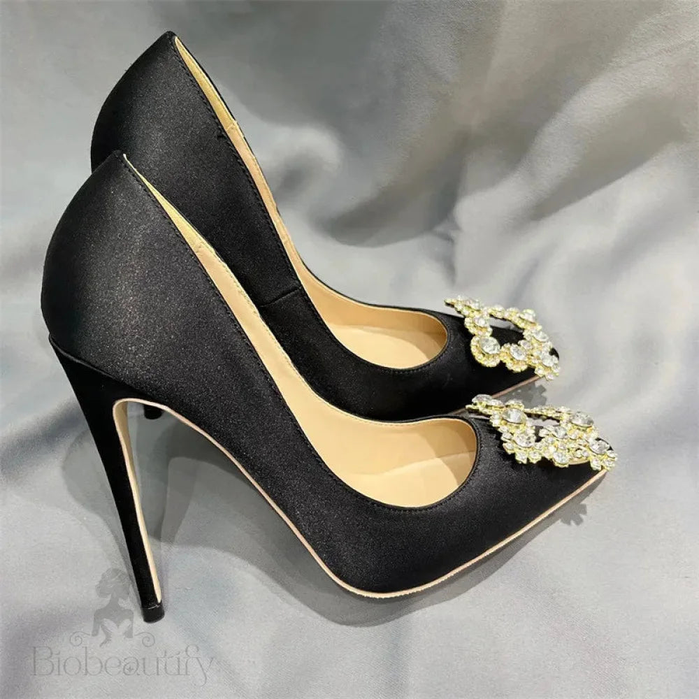 Black Satin Pointy Toe High Heel Shoes With Glitter Diamante Square Detail