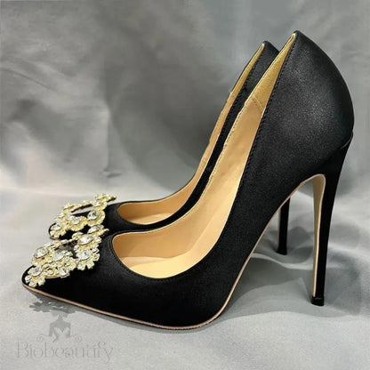 Black Satin Pointy Toe High Heel Shoes With Glitter Diamante Square Detail