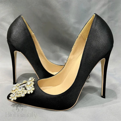 Black Satin Pointy Toe High Heel Shoes With Glitter Diamante Square Detail