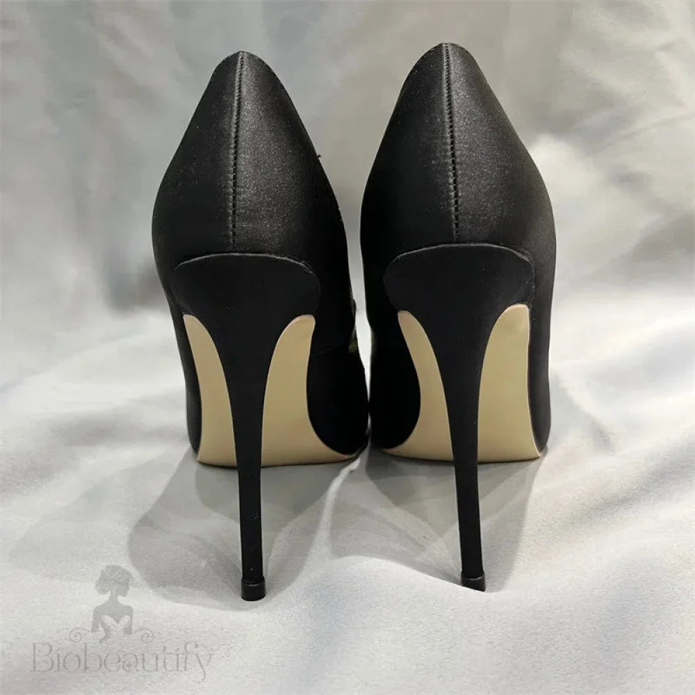 Black Satin Pointy Toe High Heel Shoes With Glitter Diamante Square Detail