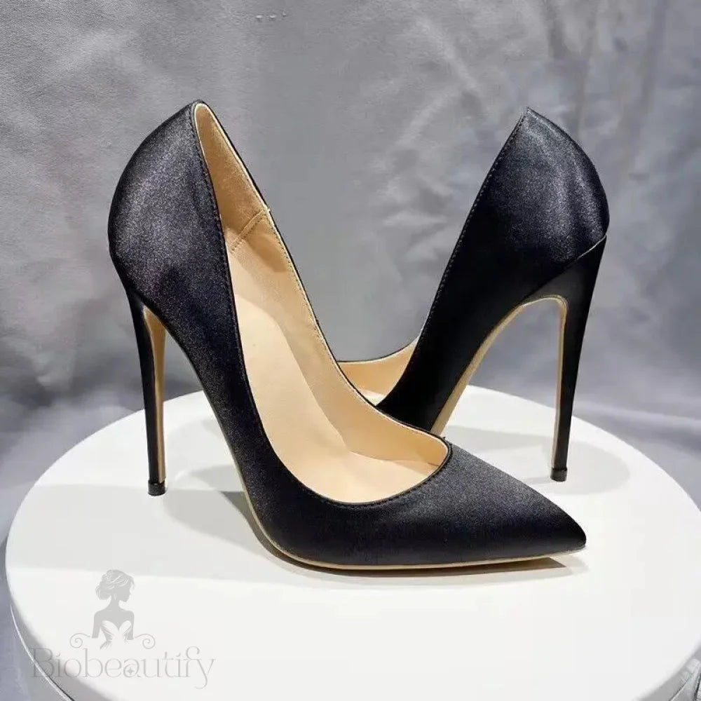 Black Silk Satin Pointy Toe High Heel Stiletto Pumps For Elegant Ladies