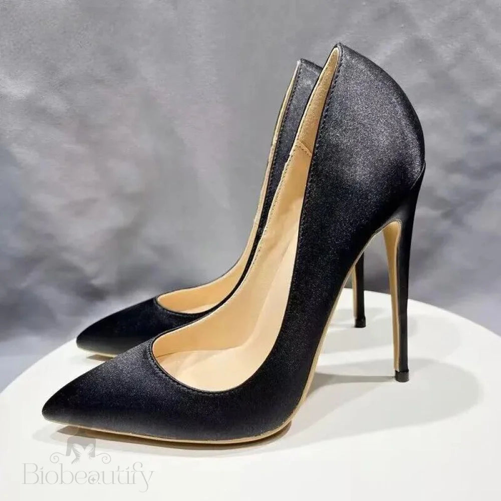 Black Silk Satin Pointy Toe High Heel Stiletto Pumps For Elegant Ladies