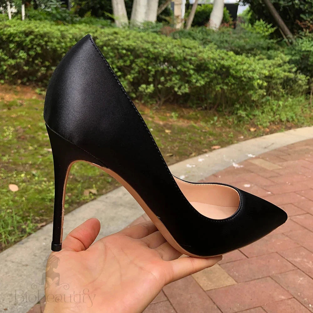 Black Silk Satin Pointy Toe High Heel Stiletto Pumps For Elegant Ladies