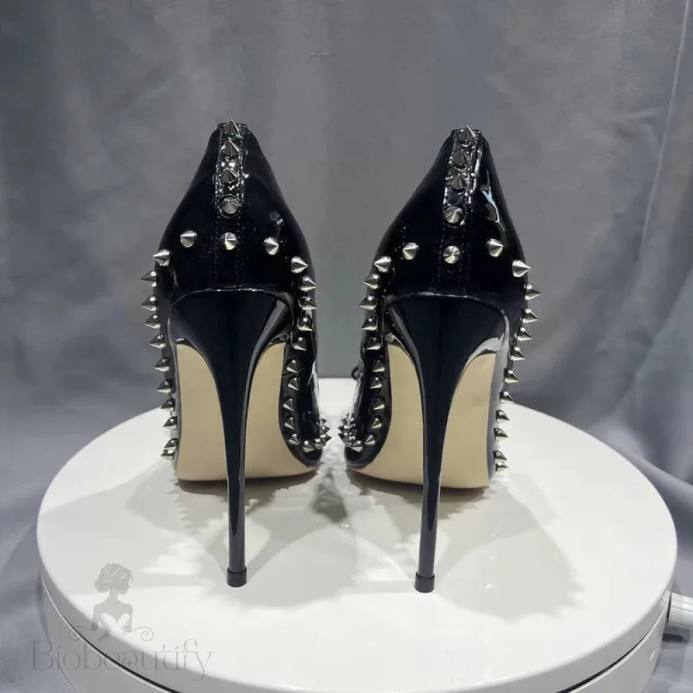 Black Spikes Bow Pointy Toe High Heel Shoes