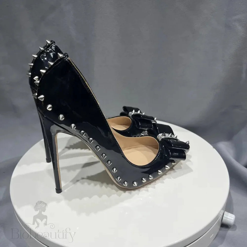 Black Spikes Bow Pointy Toe High Heel Shoes