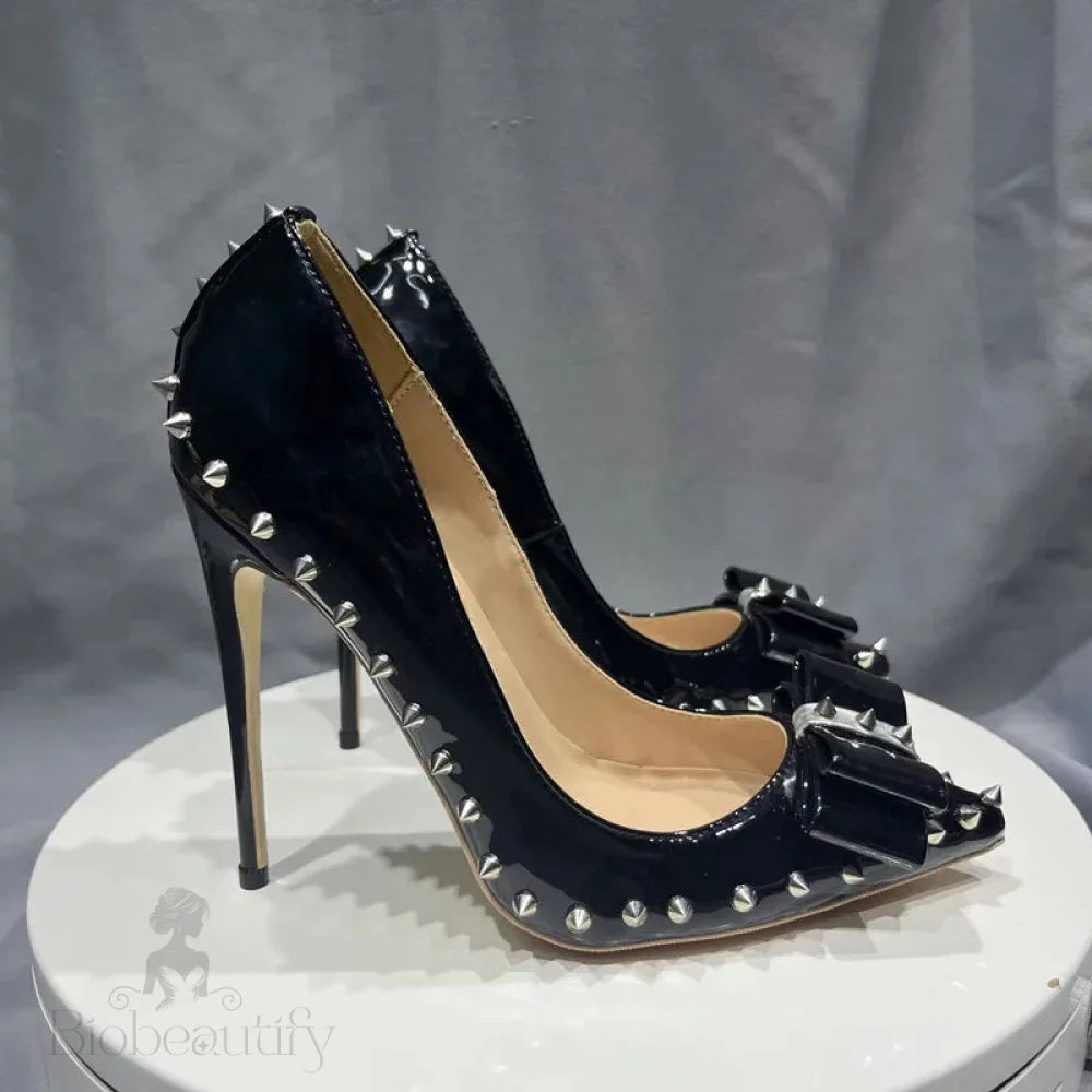 Black Spikes Bow Pointy Toe High Heel Shoes