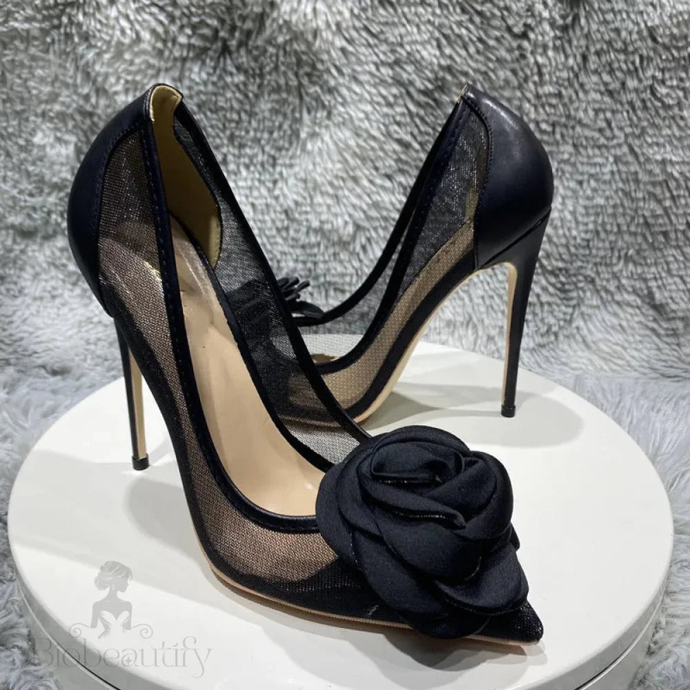 Black Stiletto Pumps With Big Rose Flowers 6.5Cm / 40