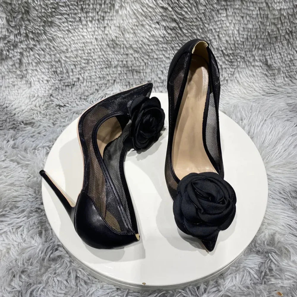 Black Stiletto Pumps With Big Rose Flowers 6.5Cm / 42