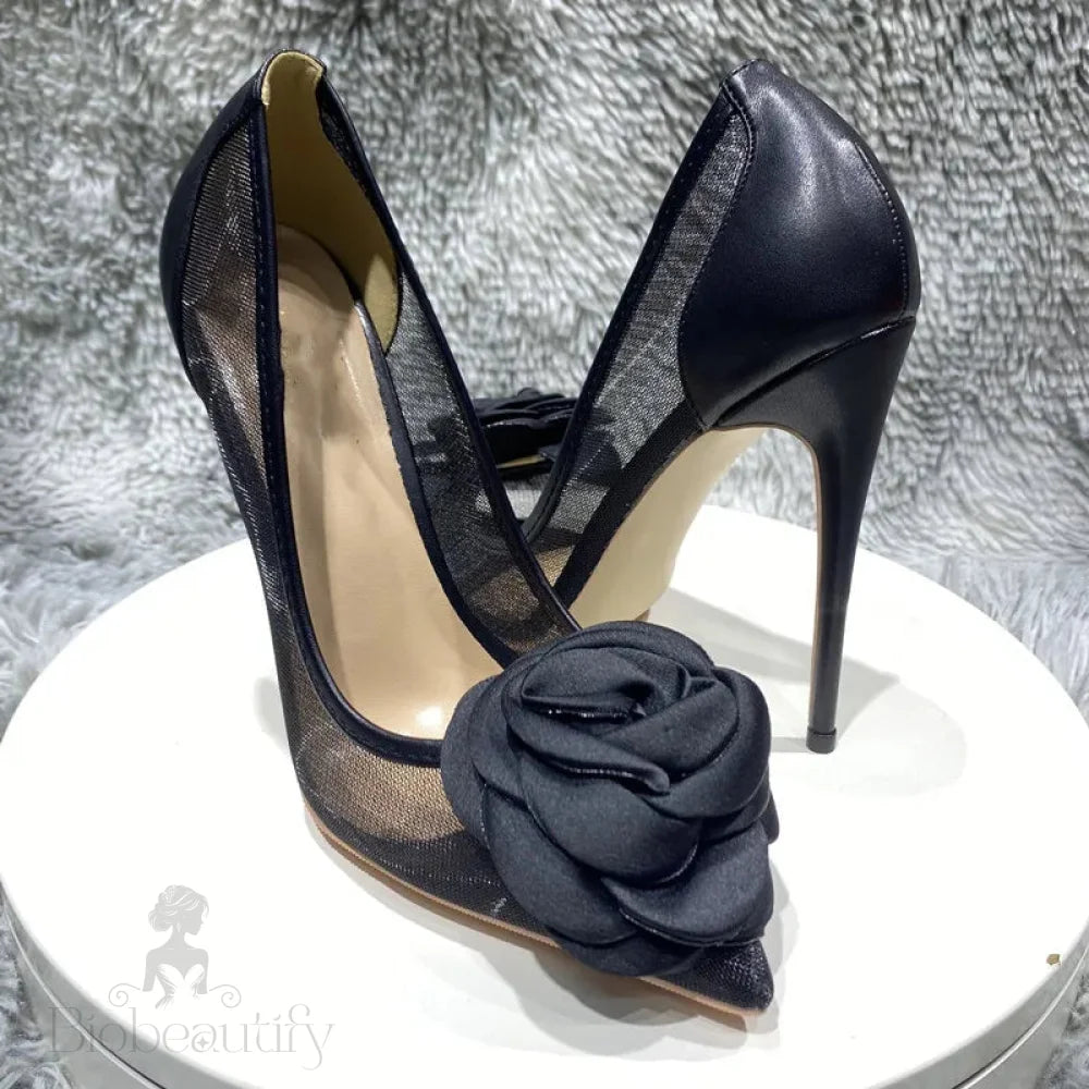 Black Stiletto Pumps With Big Rose Flowers 6.5Cm / 43