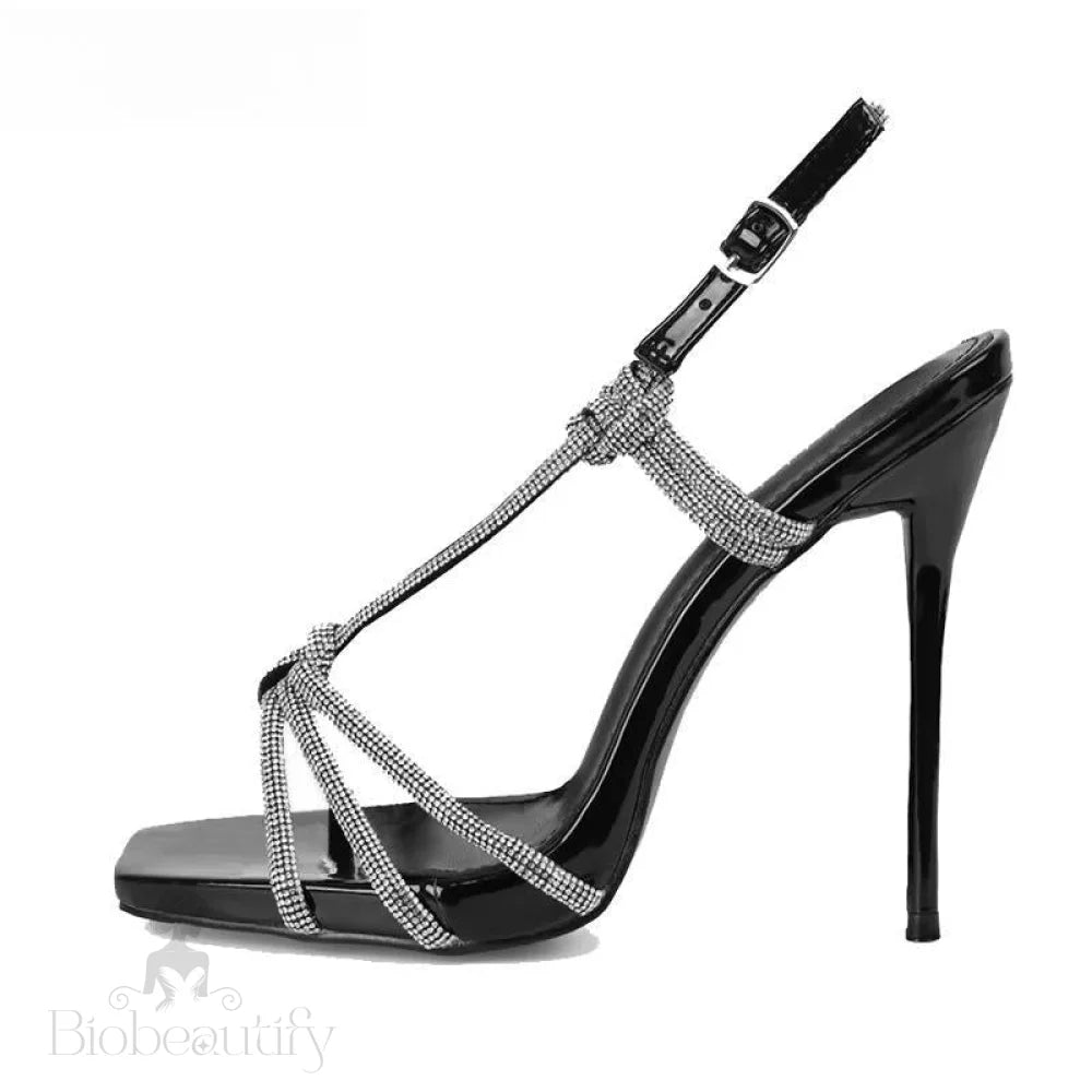 Bling Rhinestone Crystal Sexy Sandals For Women - Open Toe Buckle Strap Thin Heels