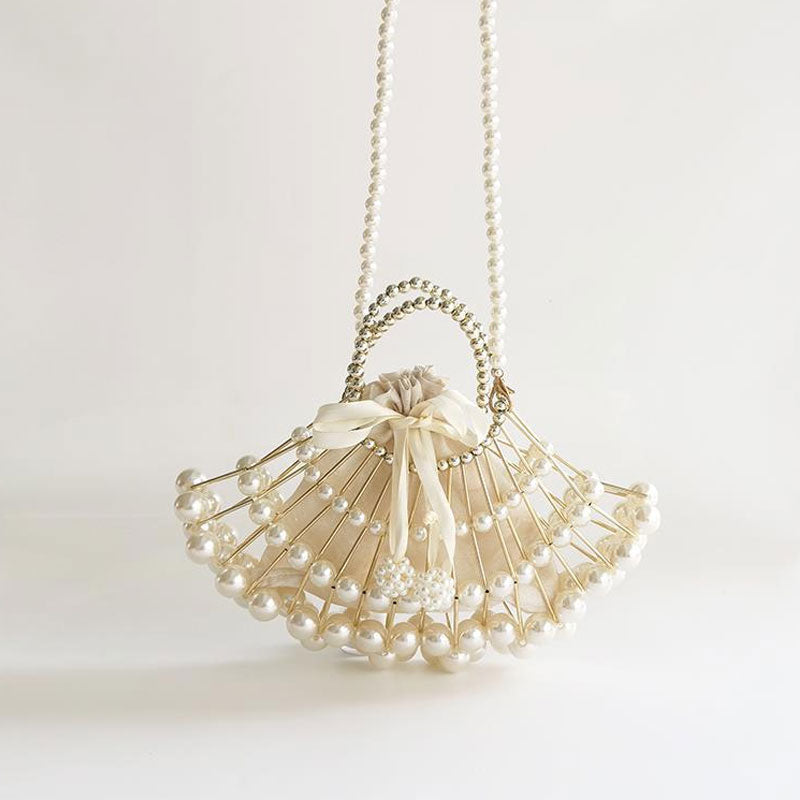 Faux Pearl Drawstring Pouch Top Handle Bag - Beige One Size /