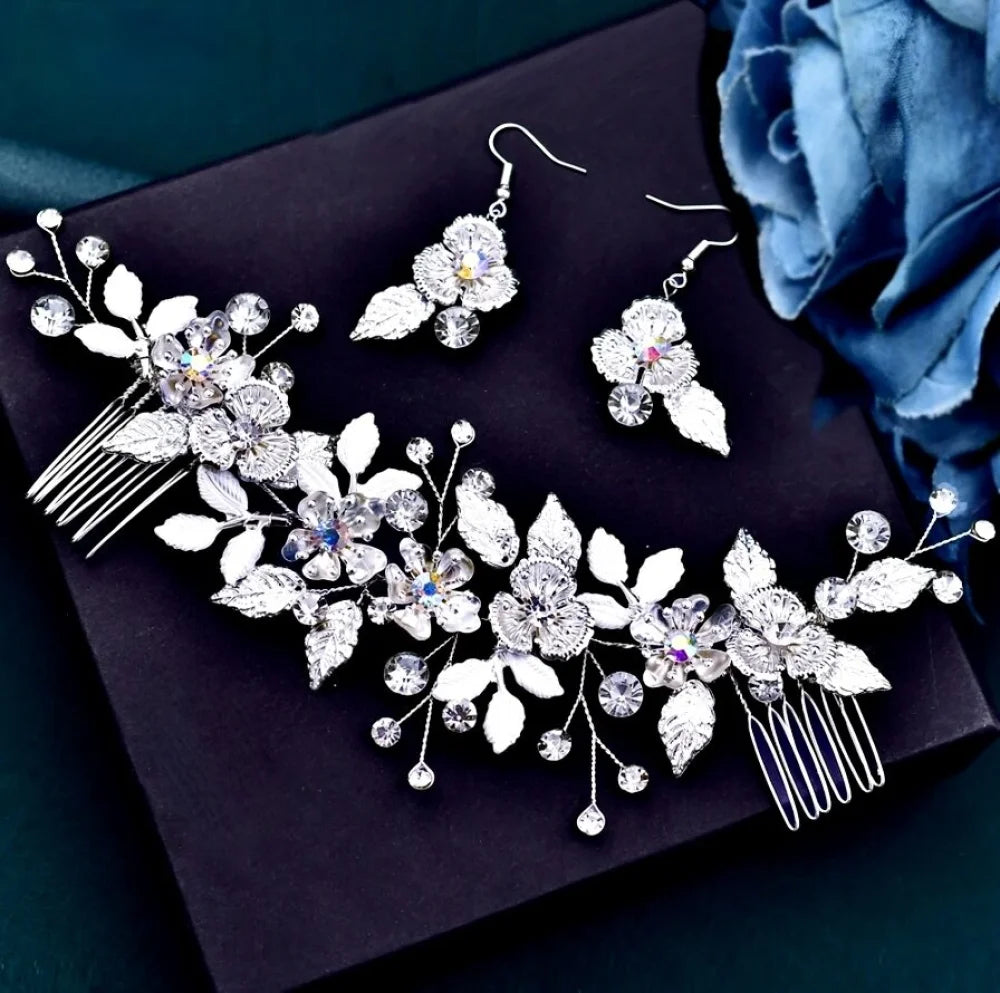 Bloom Silver Crystal Bridal Headdress And Earring Set