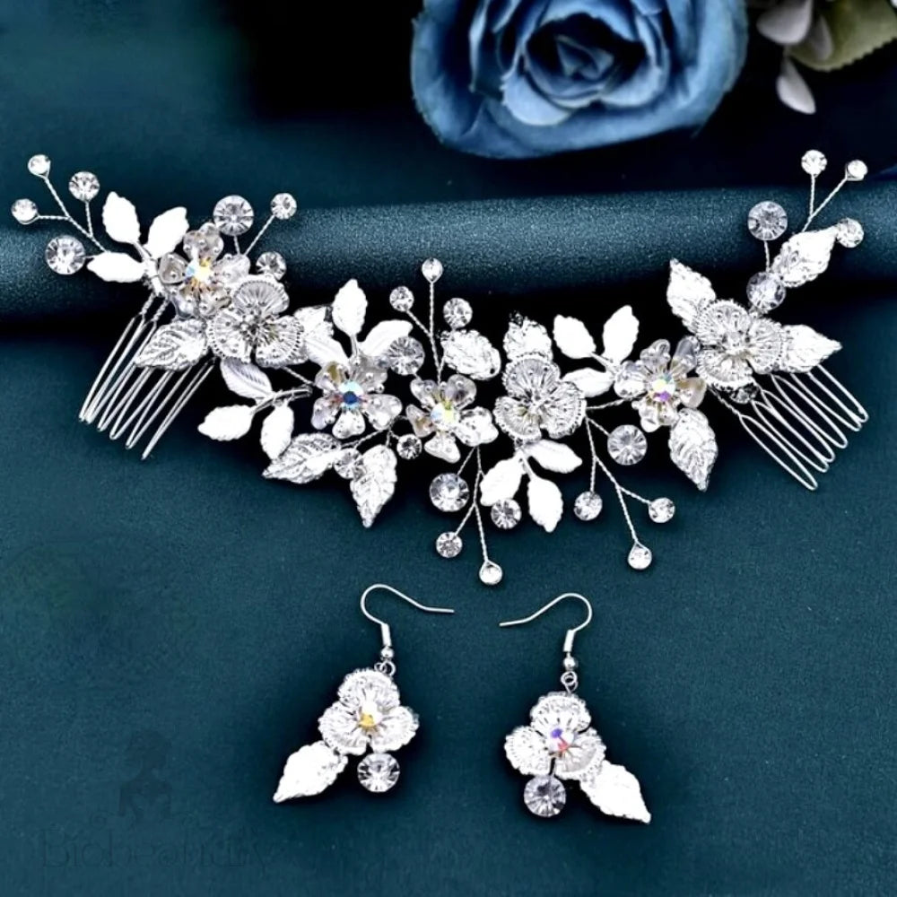 Bloom Silver Crystal Bridal Headdress And Earring Set