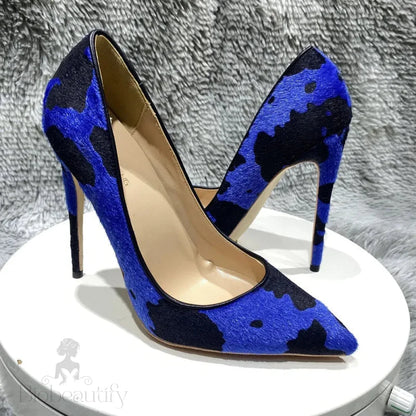 Blue Cow Women Hairy Flock Pointy Toe High Heel Shoes -