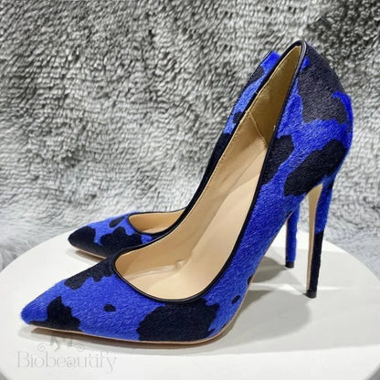 Blue Cow Women Hairy Flock Pointy Toe High Heel Shoes -