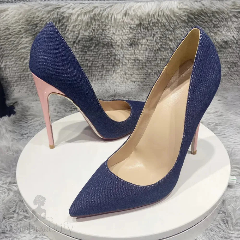 Blue Denim Jeans With Pointy Toe High Heel Shoes In Shiny Pink