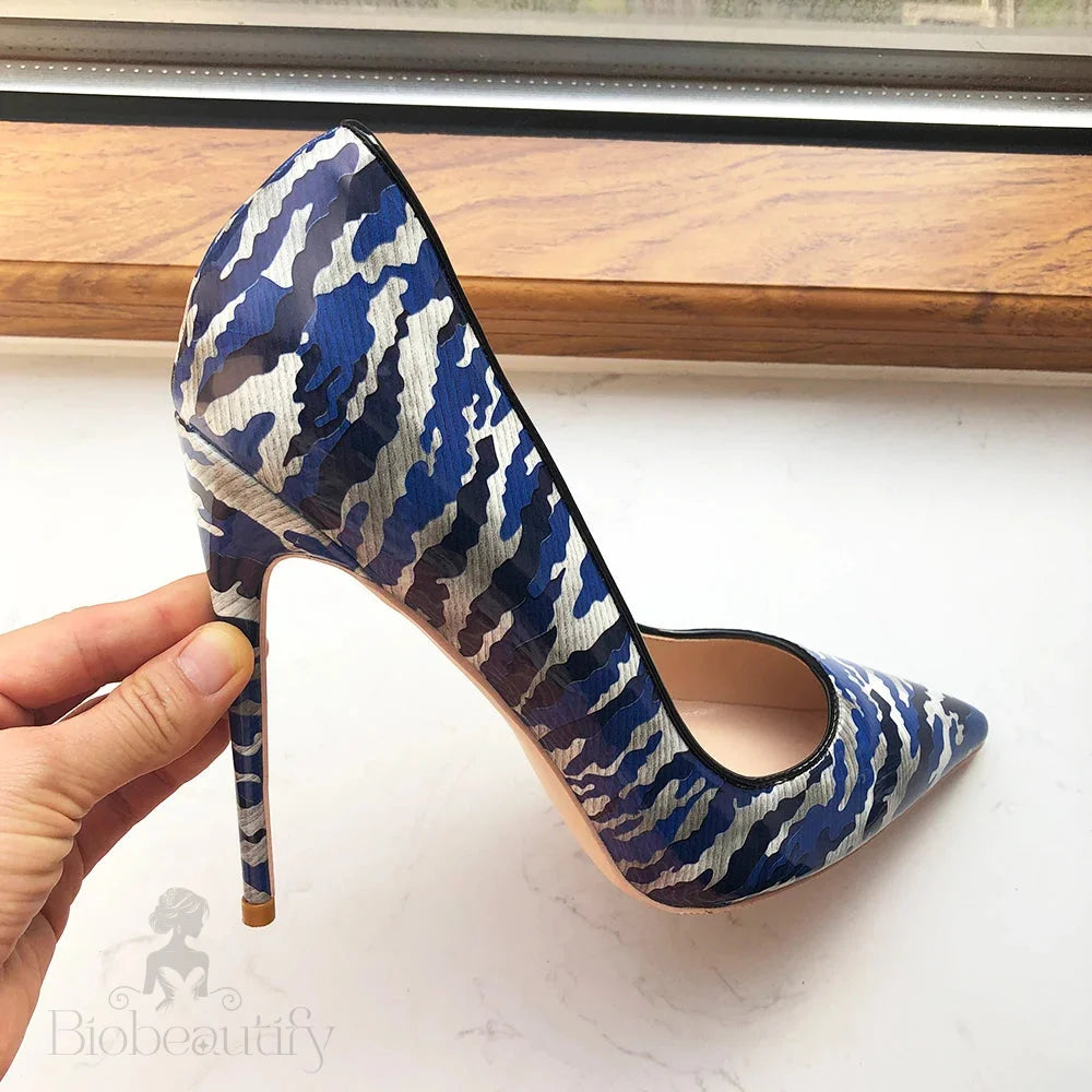 Blue Patent Printed Pointy Toe High Heels For Women