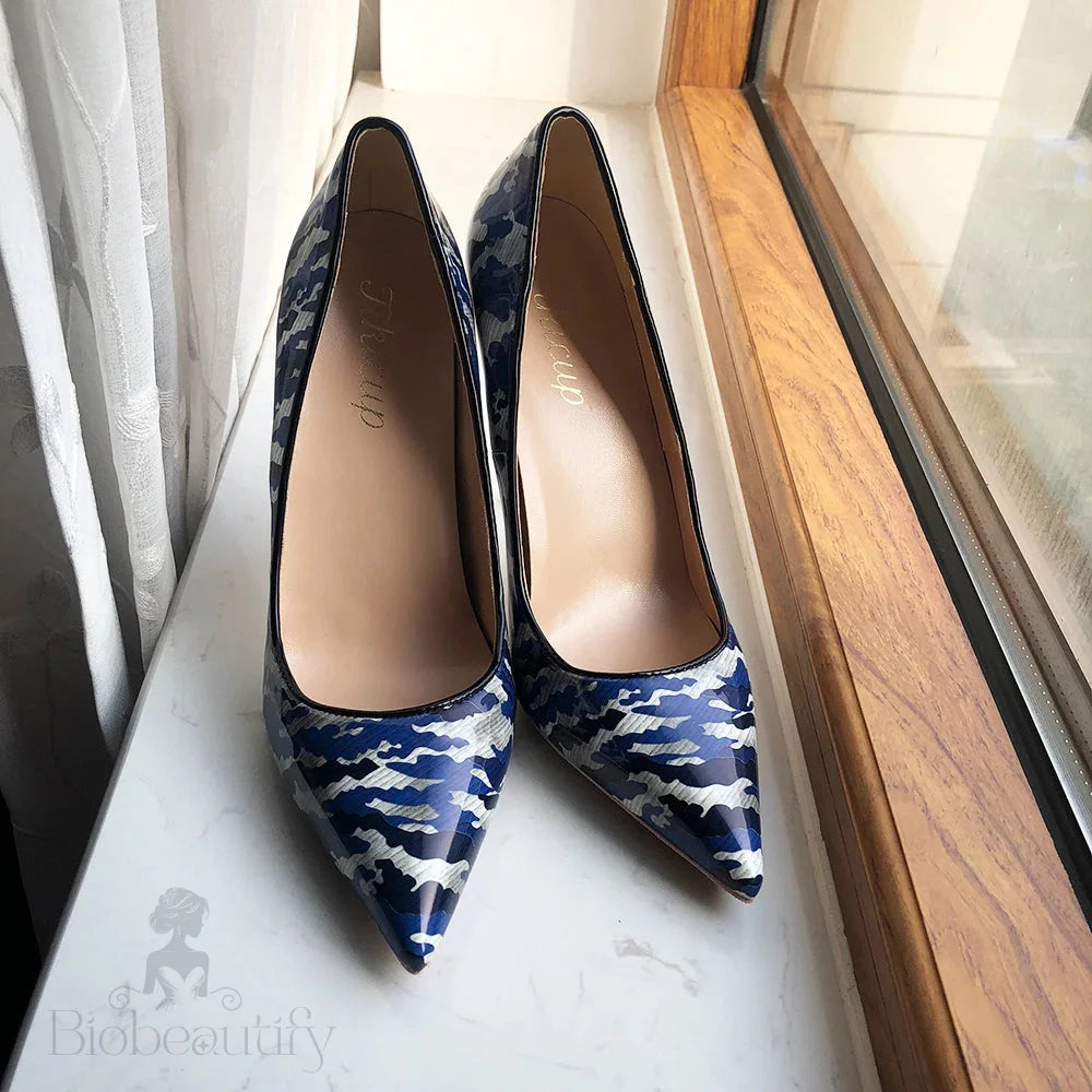 Blue Patent Printed Pointy Toe High Heels For Women