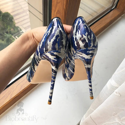 Blue Patent Printed Pointy Toe High Heels For Women