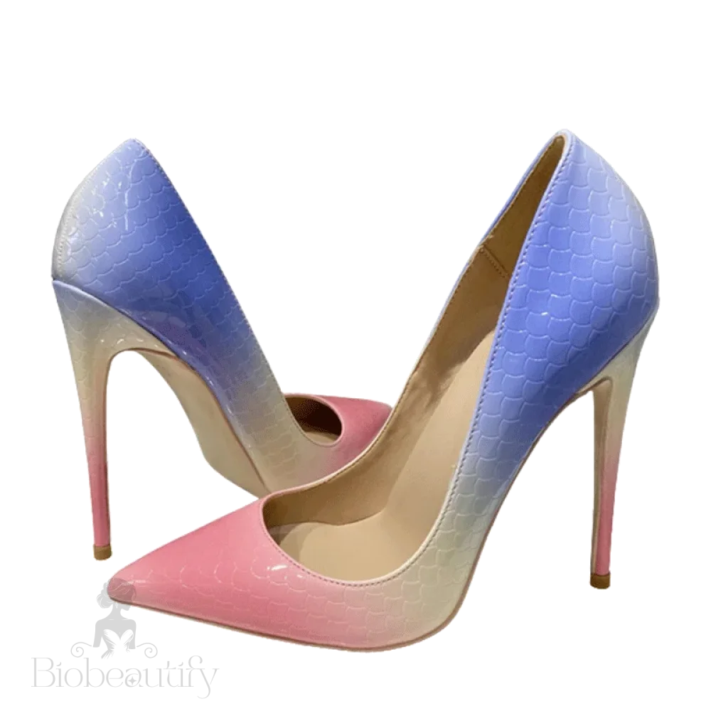 Blue Pink Crocodile Effect Pointy Toe High Heel Shoes For Women