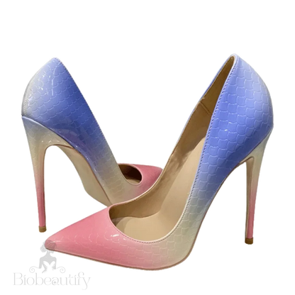 Blue Pink Crocodile Effect Pointy Toe High Heel Shoes For Women