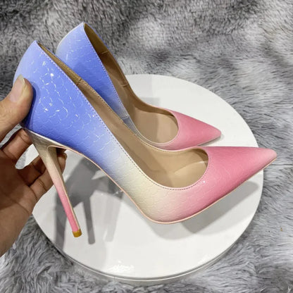 Blue Pink Crocodile Effect Pointy Toe High Heel Shoes For Women