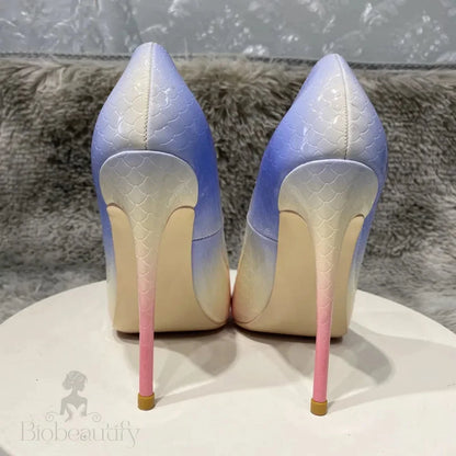 Blue Pink Crocodile Effect Pointy Toe High Heel Shoes For Women