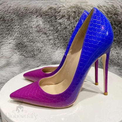 Blue Pink Crocodile Effect Women Sexy High Heel - 8Cm 10Cm 12Cm