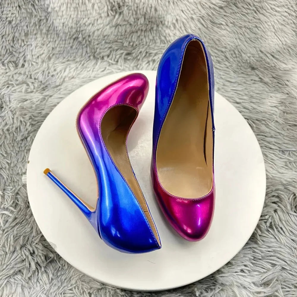 Blue Pink Gradient Round Toe Slip On High Heel Shoes For Women