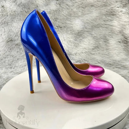 Blue Pink Gradient Round Toe Slip On High Heel Shoes For Women