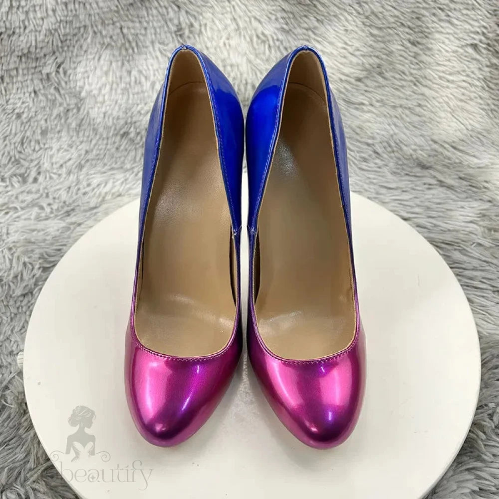 Blue Pink Gradient Round Toe Slip On High Heel Shoes For Women