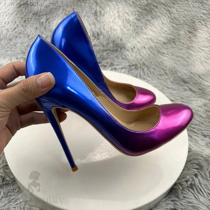 Blue Pink Gradient Round Toe Slip On High Heel Shoes For Women