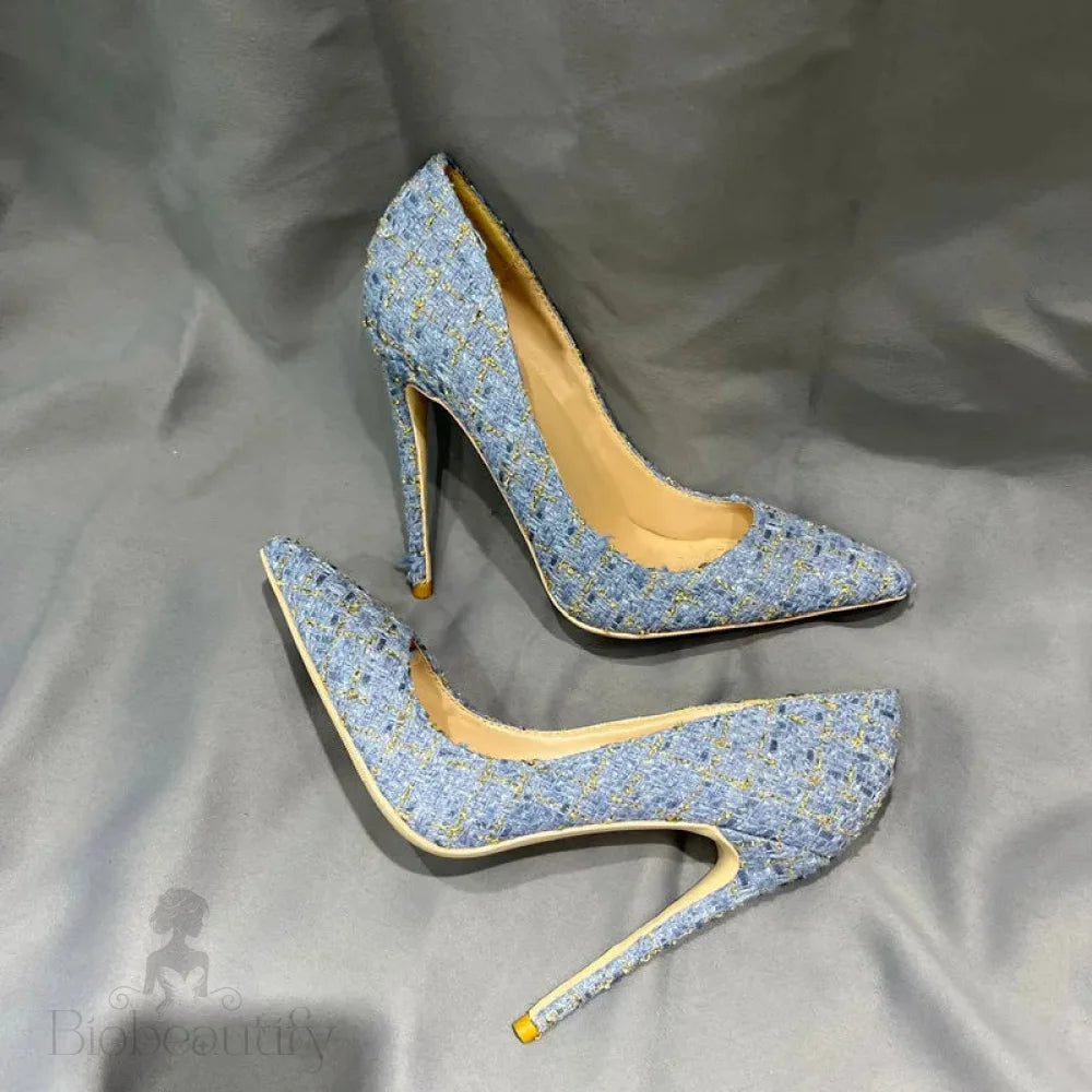 Blue Plaid Pointy Toe High Heel Shoes For Women