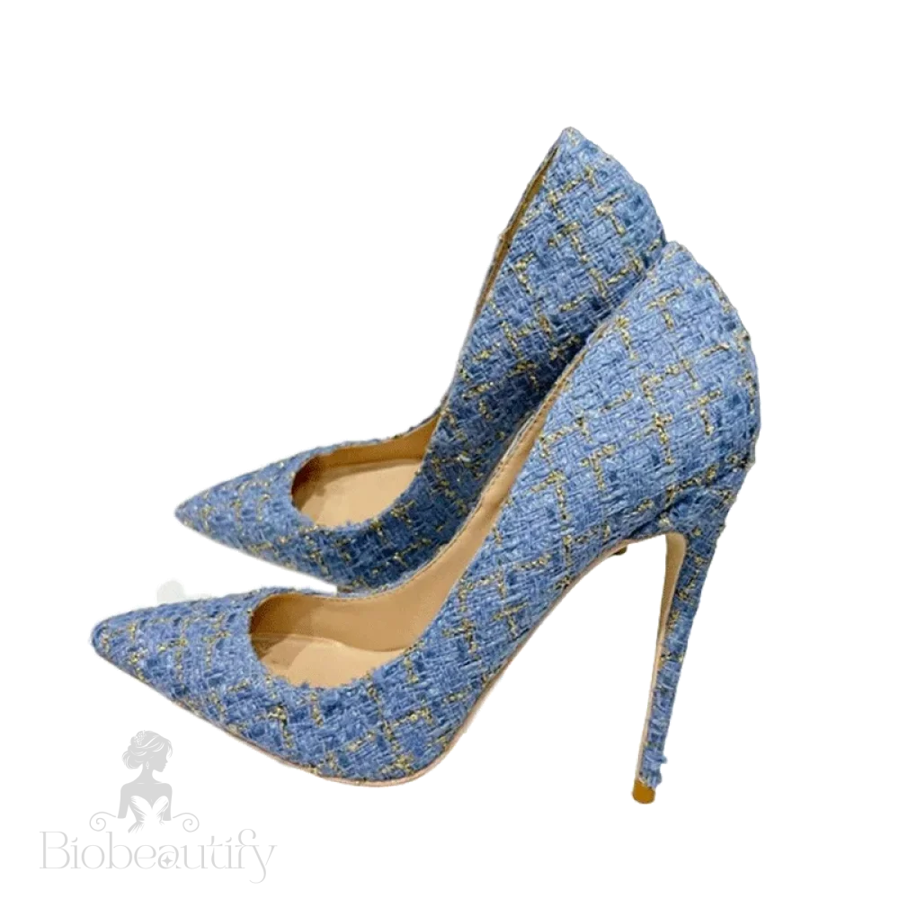 Blue Plaid Pointy Toe High Heel Shoes For Women