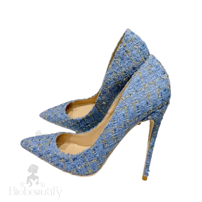 Blue Plaid Pointy Toe High Heel Shoes For Women